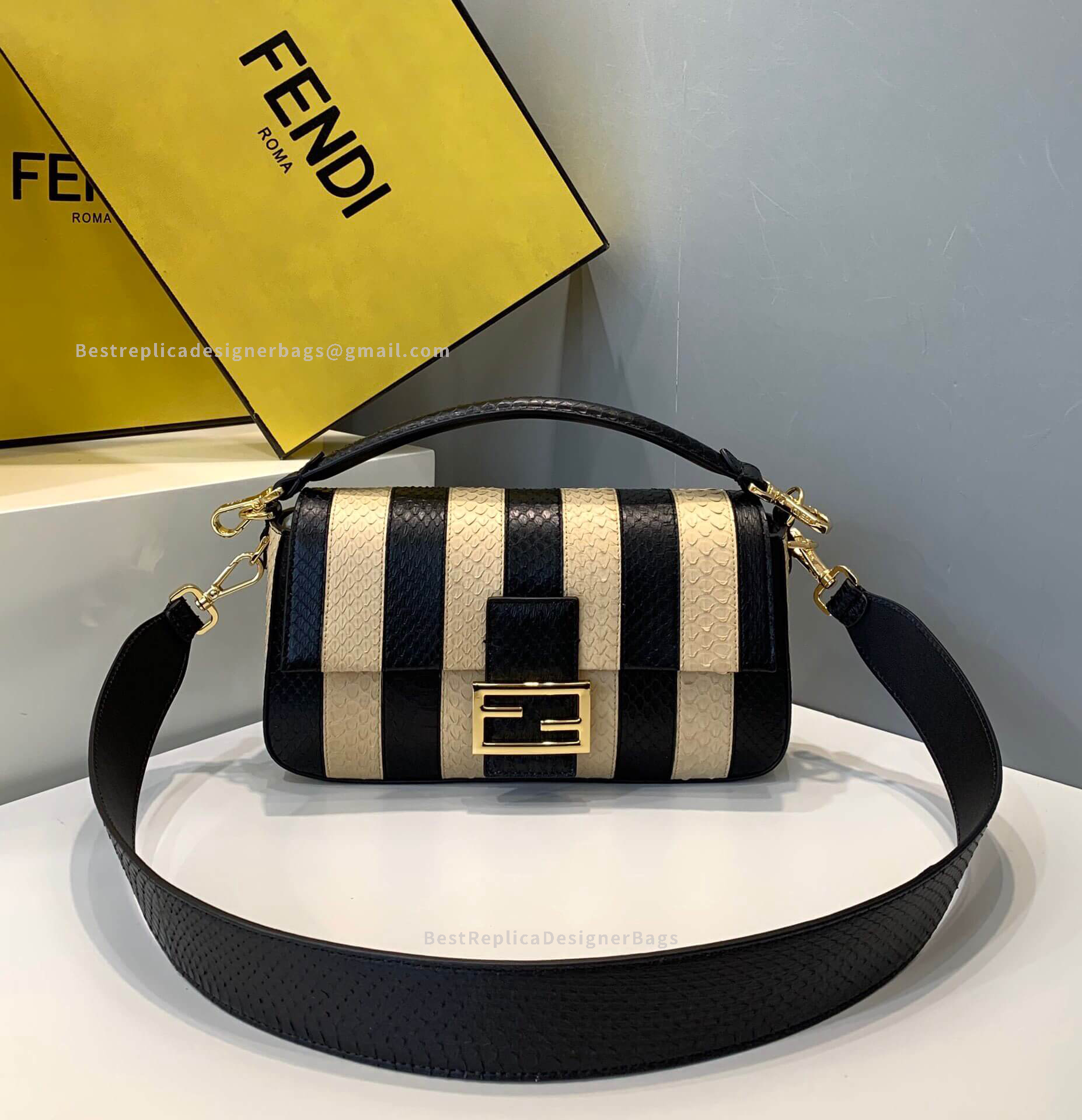 Fendi Baguette Snake Effect Black And White Leather Bag GHW 0162A